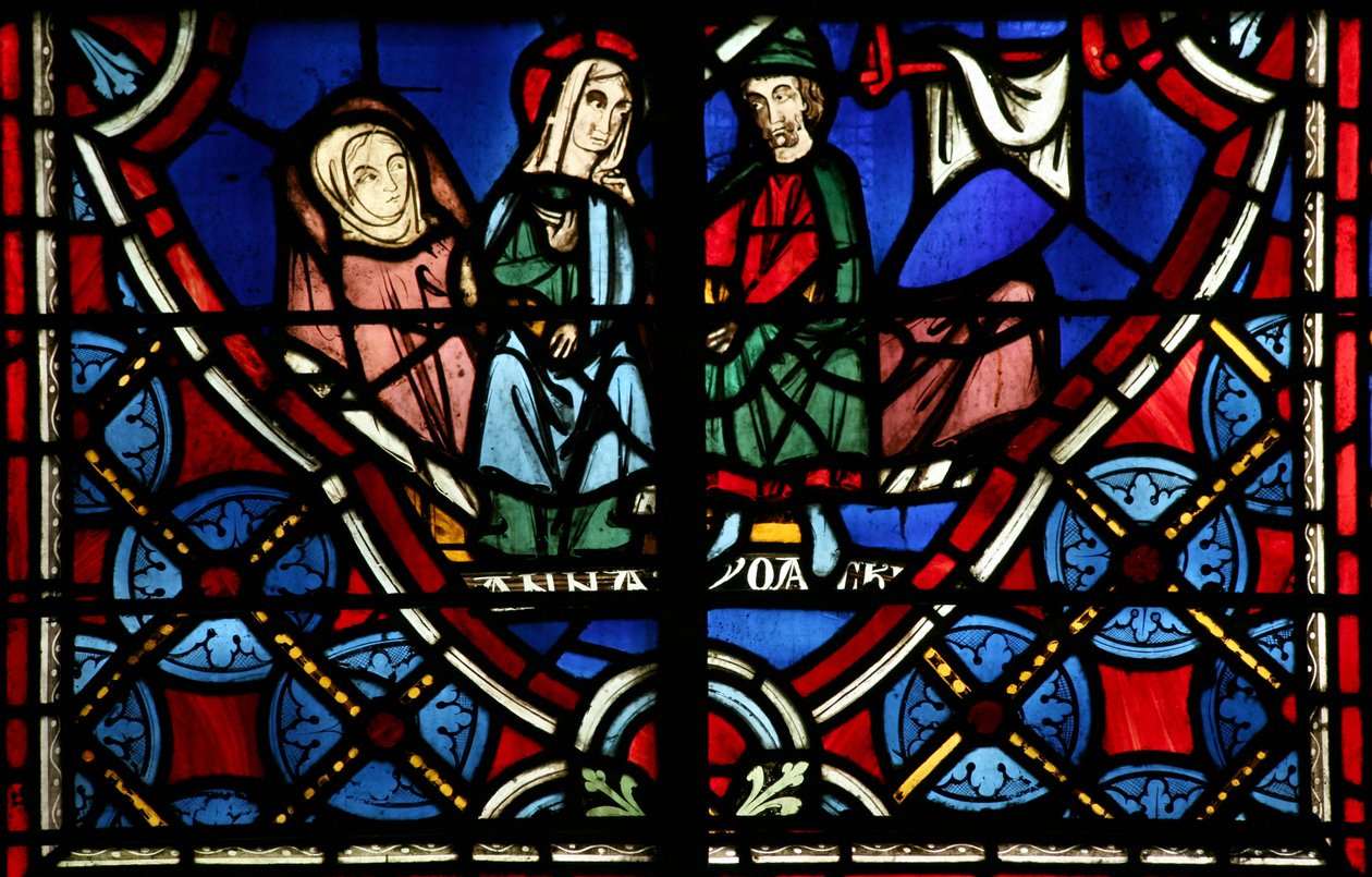 Vindue, der forestiller Sankt Anne og Joachim, der venter på Jomfru Marias fødsel af French School