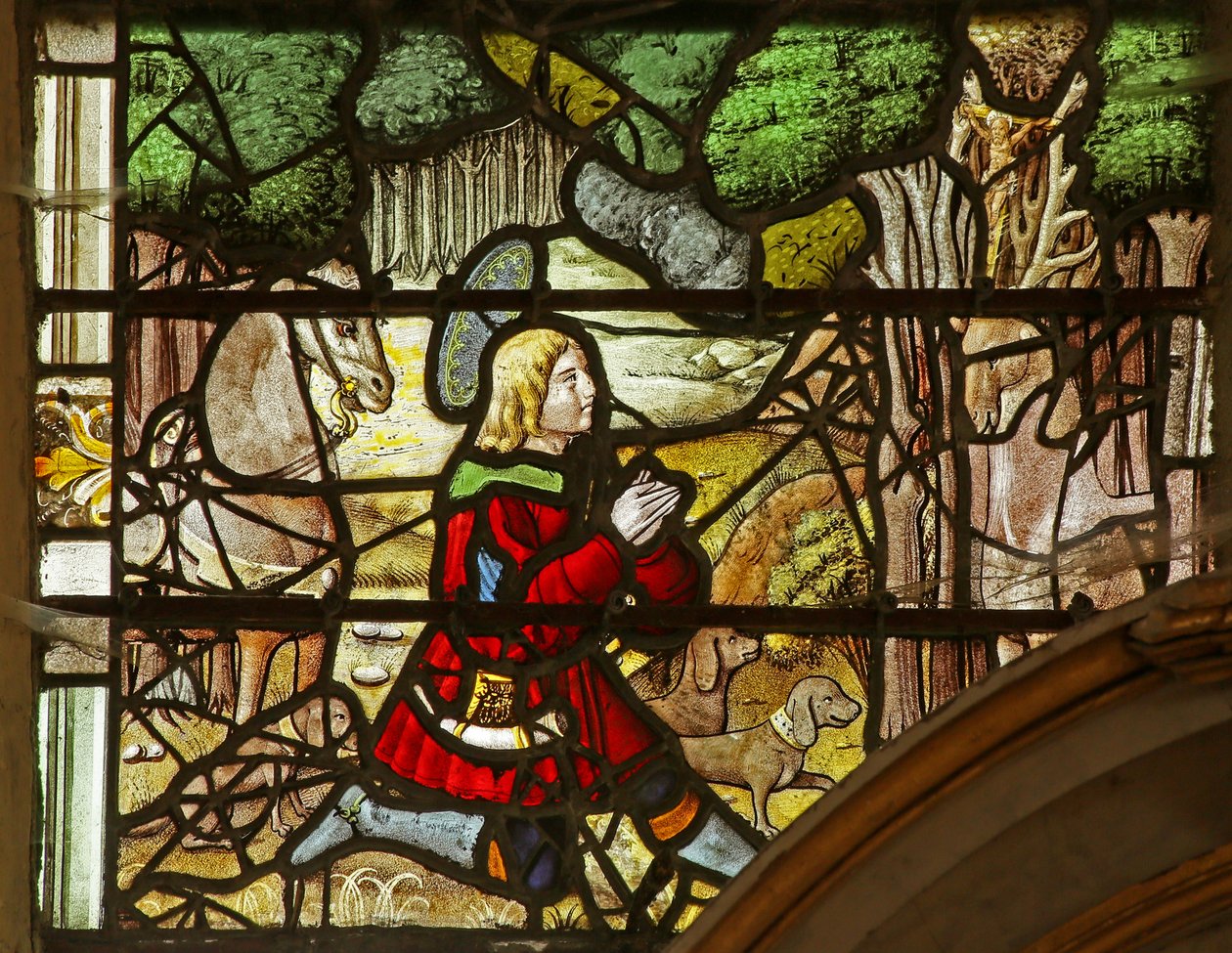 Vindue, der viser Saint Eustache, der har en vision af Kristus mellem hjortens gevirer af French School