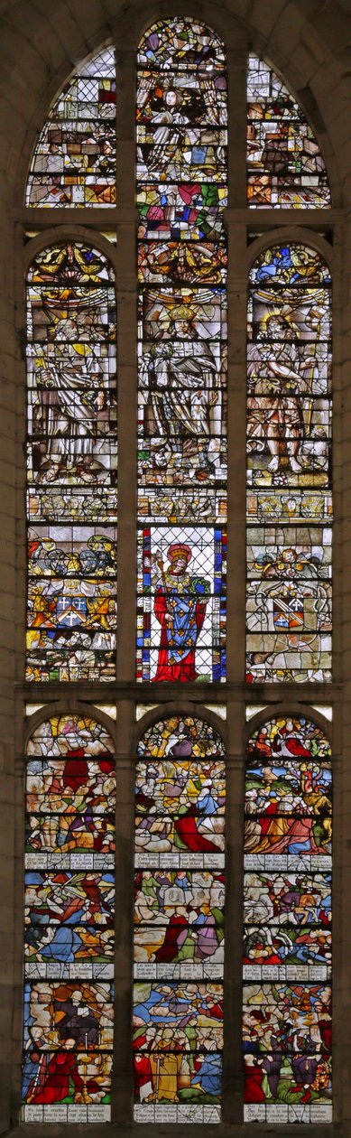Vindue, der forestiller Saint Louis i midten (1505), Åbenbaringen (1611) og andre figurer (1654), 16.-17. århundrede af French School