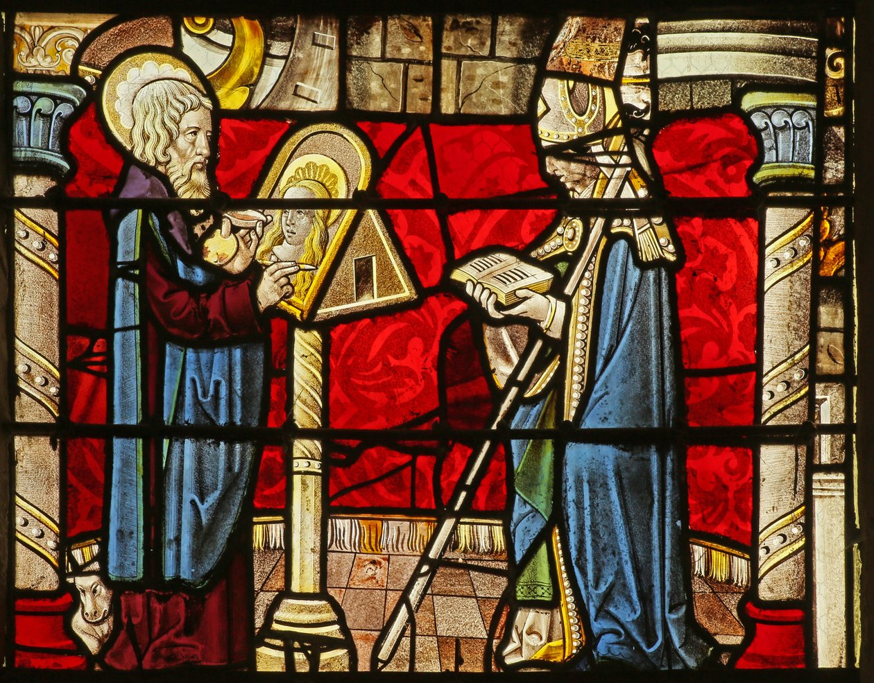 Vindue, der forestiller Sankt Lukas, der maler et portræt af Jomfru Maria af French School