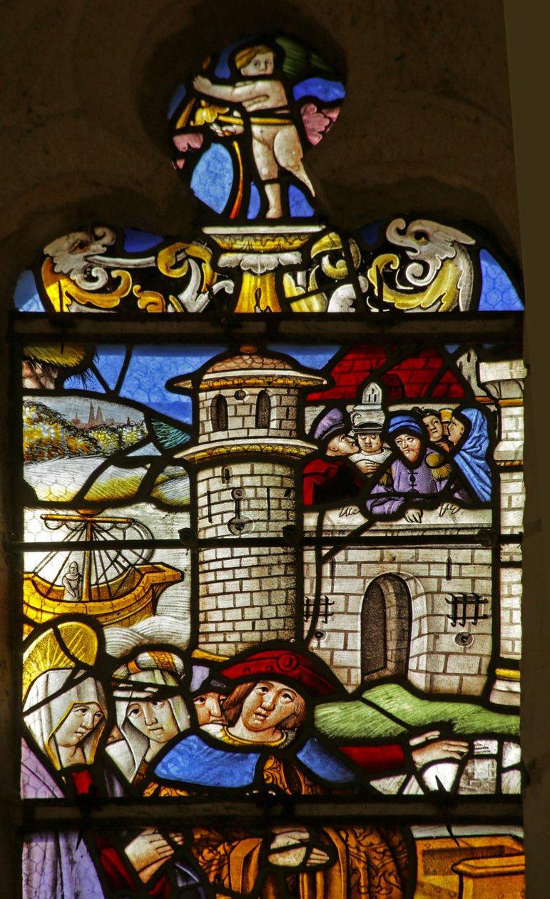 Vindue, der forestiller Saint Mary Magdalene: Greve og grevinde af Provence med helgenen af French School