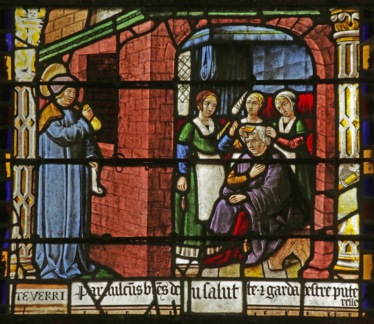 Vindue, der viser Sankt Nikolaus, der efterlader penge til far til tre piger af French School