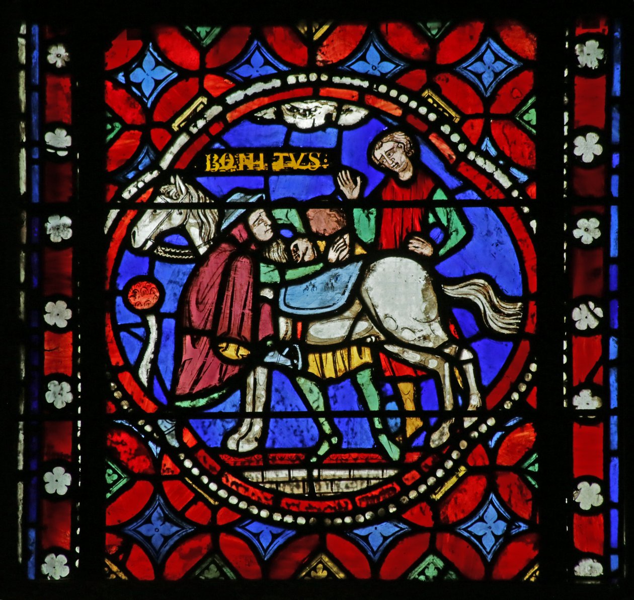 Vindue, der viser scene fra Saint Bonnets liv: Helgen samler og bestiger sin hest for en pilgrimsrejse til Rom af French School