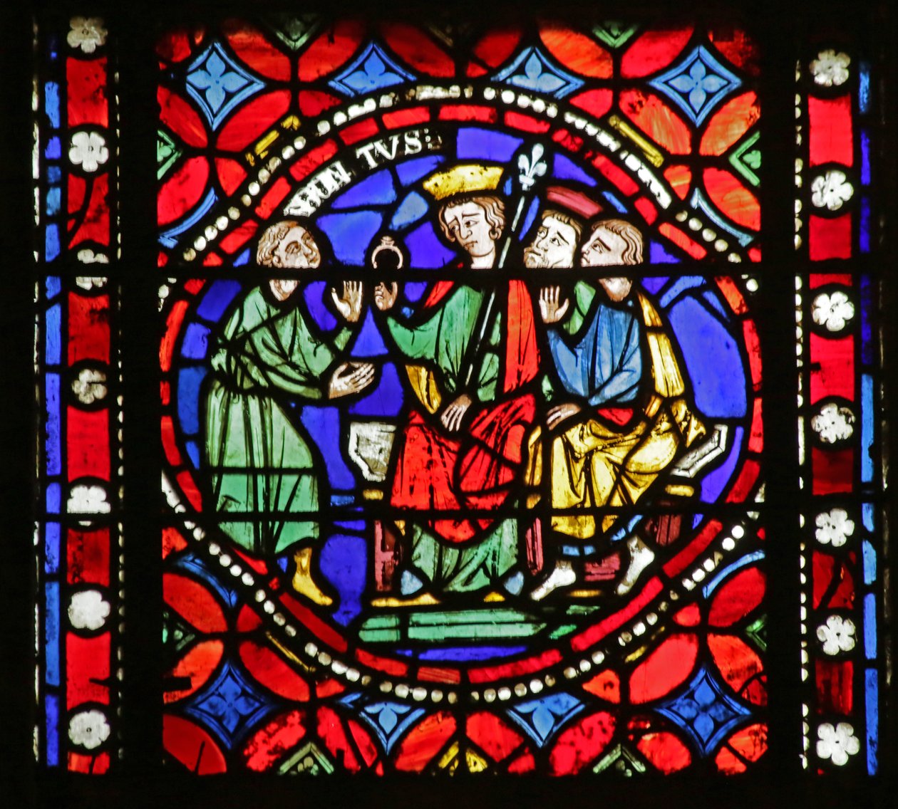 Vindue, der viser scene fra Saint Bonnets liv: Saint Bonnet betroet en privat mission af Sigebert af French School