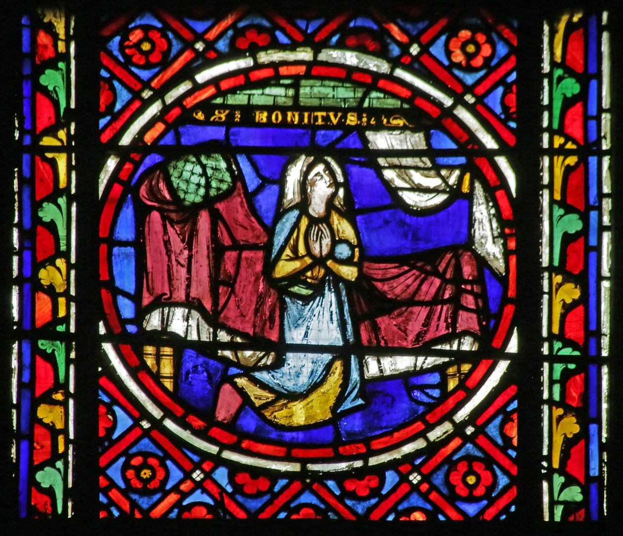 Vindue, der viser scene fra Saint Bonnets liv: Den blinde sengeliggende Blanda beder om, at Bonnet må komme til hende og helbrede hende af French School