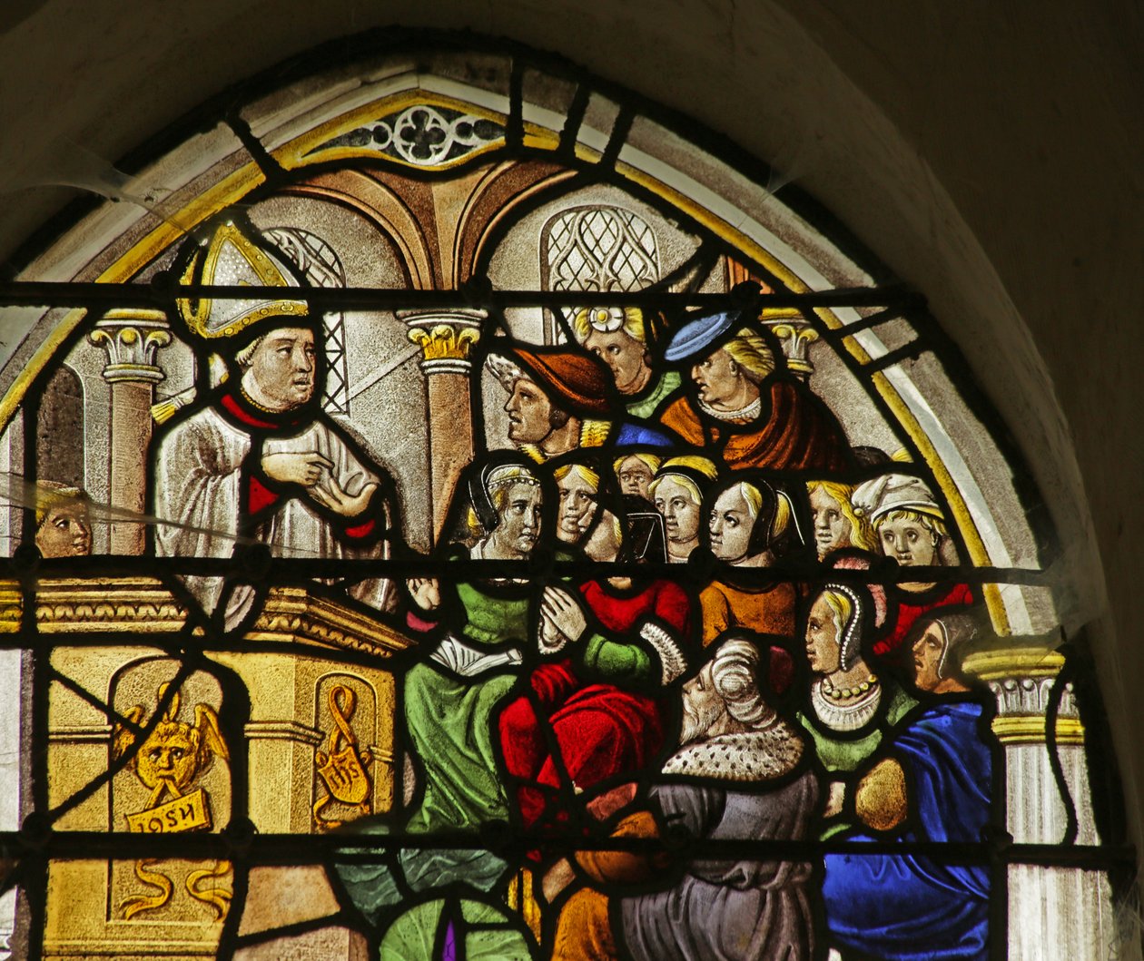 Vindue, der viser Scene fra Saint Claudes liv: den hellige prædiker af French School