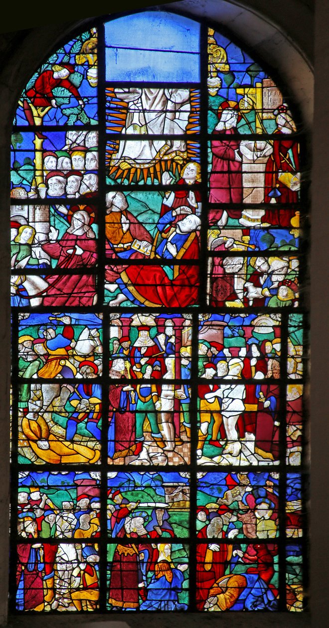 Vindue, der viser scener fra Sankt Barbaras liv, af lidenskaben og forvandlingen af French School