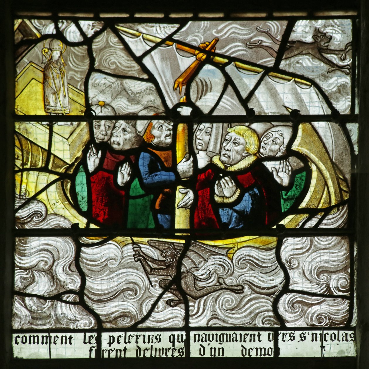 Vindue, der viser Skt. Nicholas optræde og redde rejsende, mens deres skib synker, 1460-1470 af French School