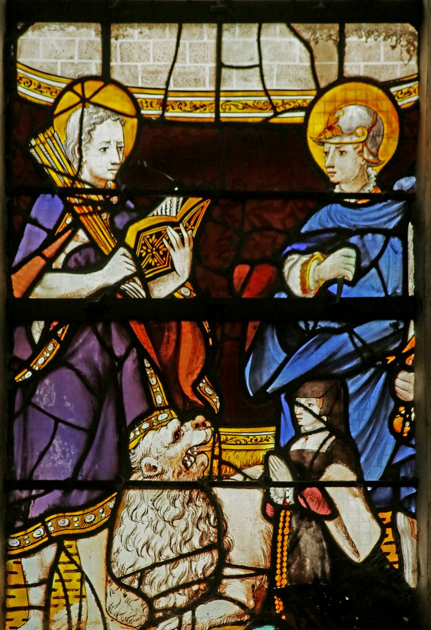 Vindue, der viser Sankt Sebastian og Sankt Adrian og en donor af French School