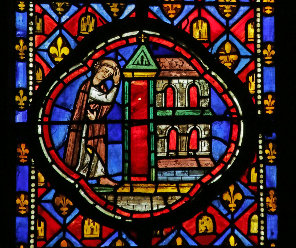 Vindue, der forestiller Theophilus, der bygger en kirke af French School