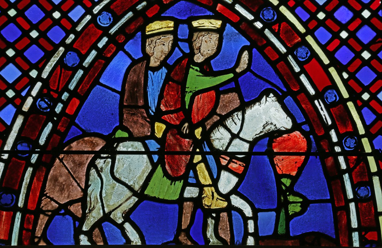 Vindue, der forestiller To Magi til hest af French School