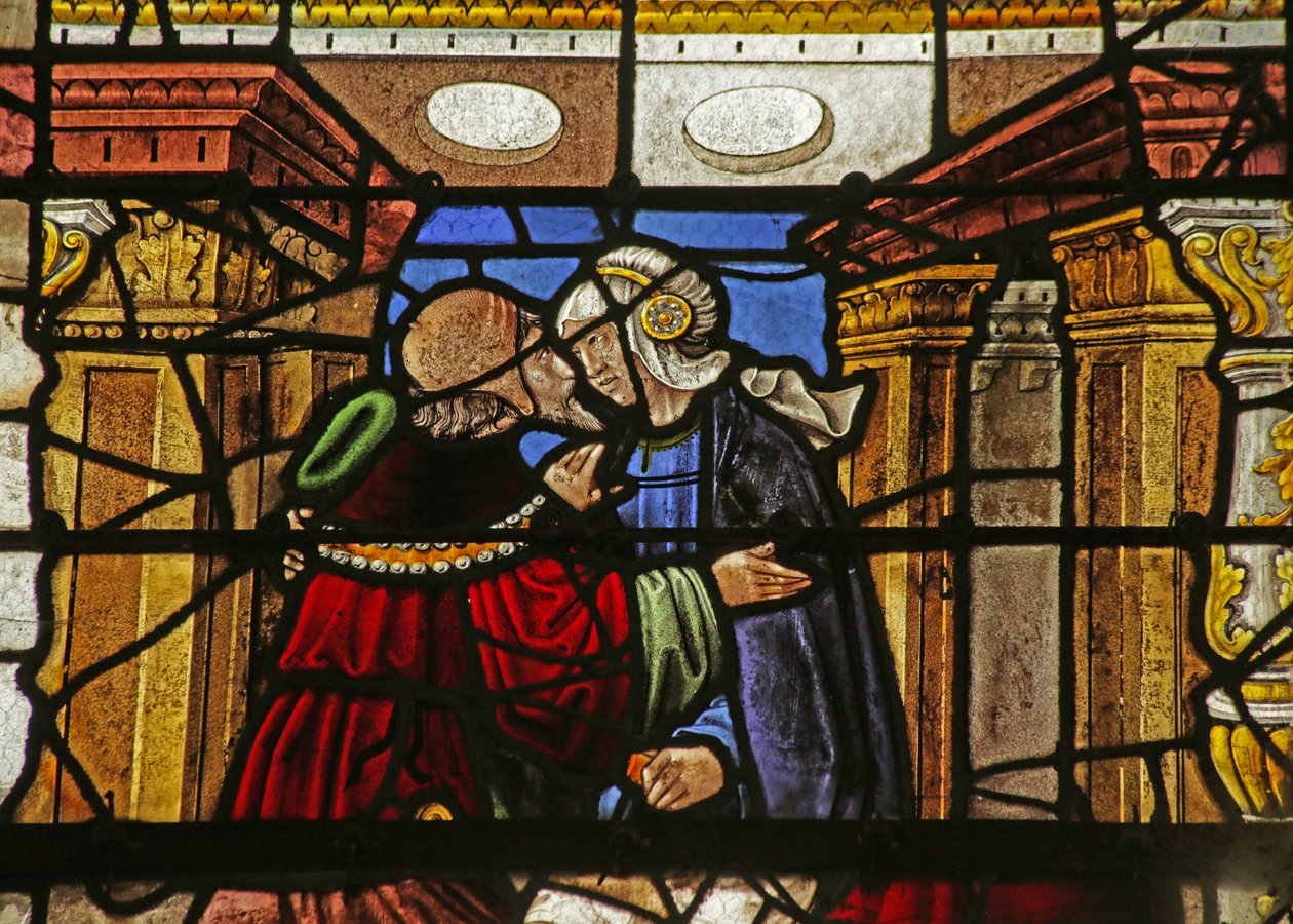Vindue, der viser delvinduer: Flagelationen, mødet ved Golden Gate af French School