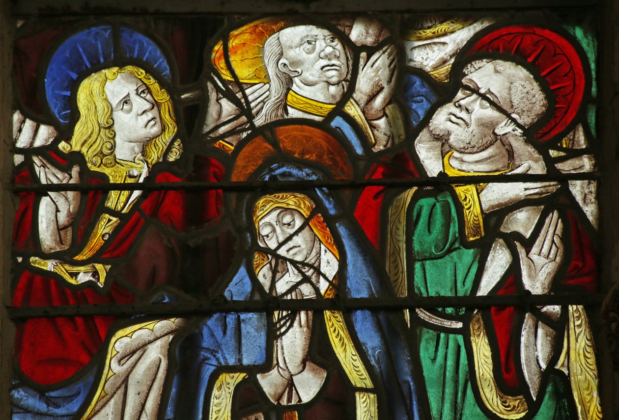 Vindue, der forestiller apostlene og jomfru Maria i pinsen af French School