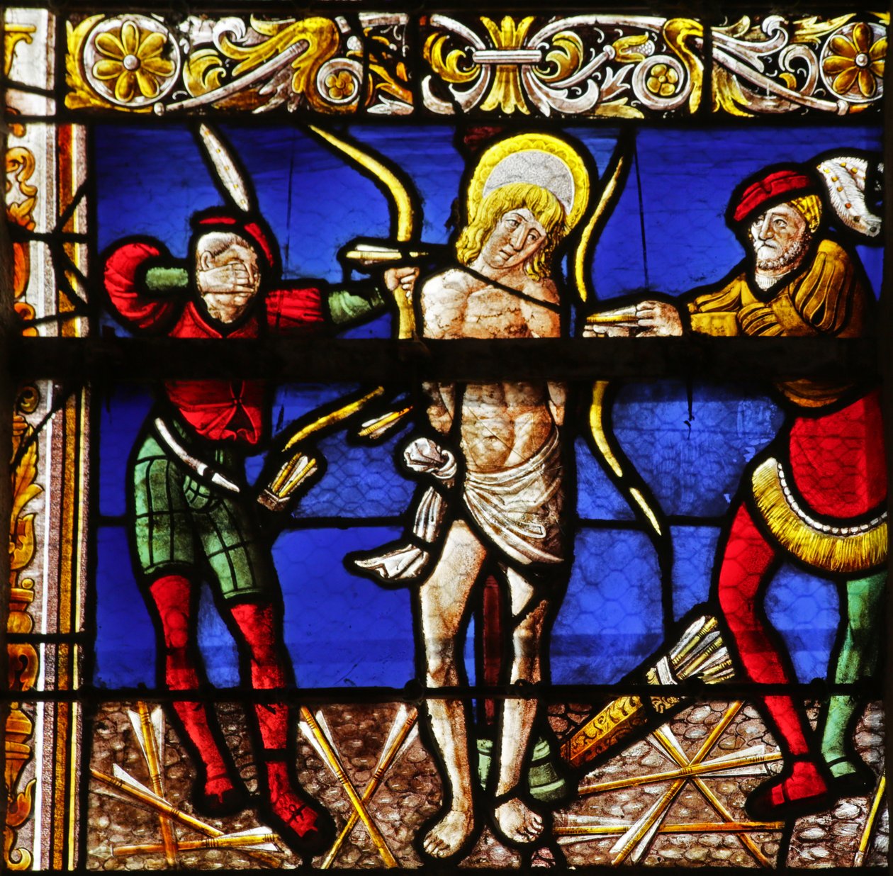 Vindue, der viser Sankt Sebastians død af French School