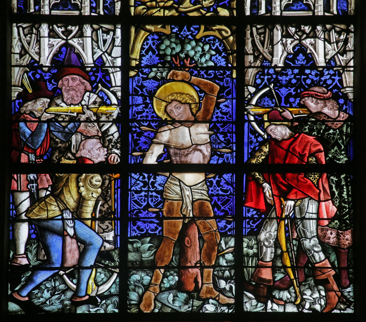 Vindue, der viser Sankt Sebastians martyrium af French School