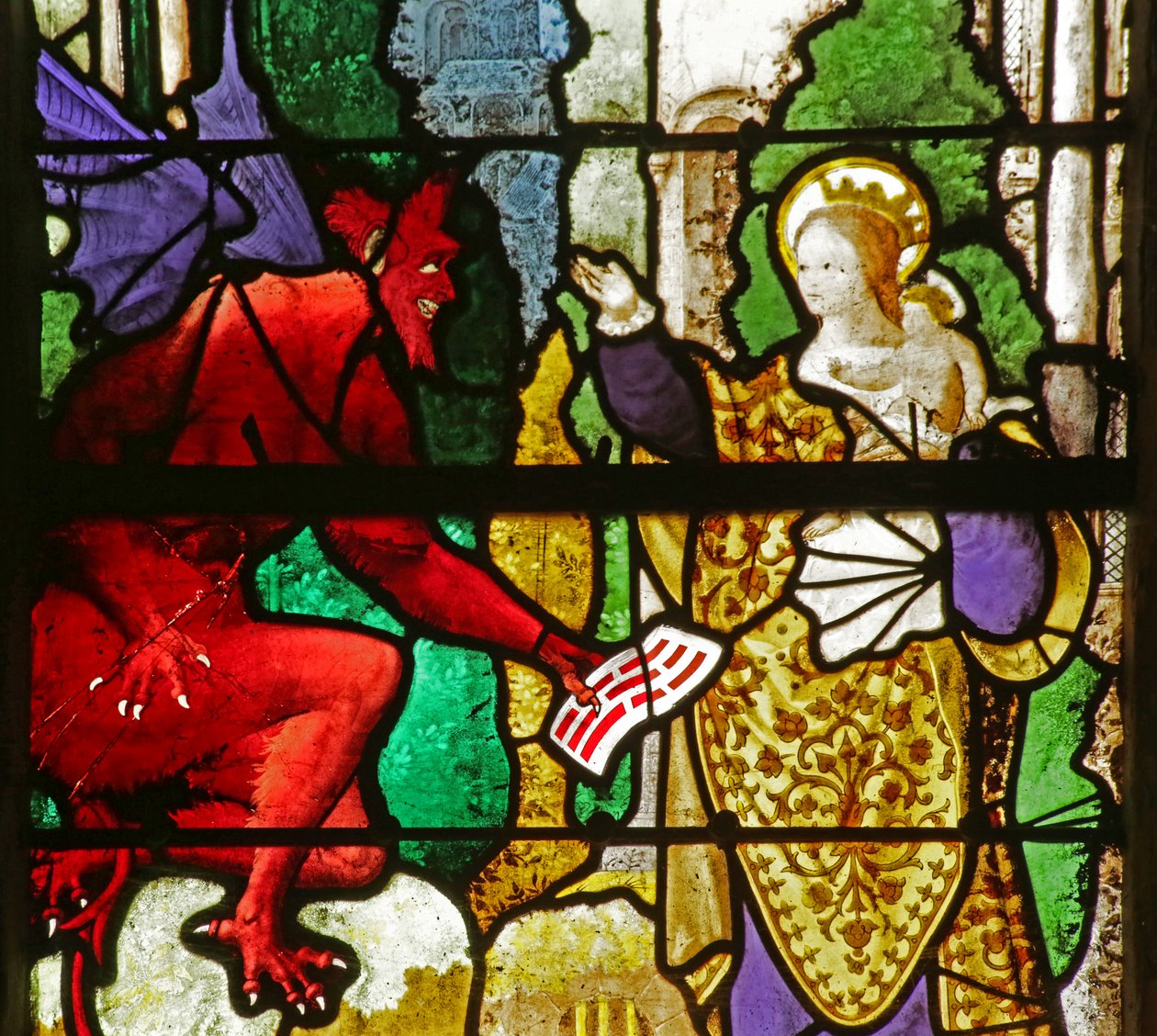 Vindue, der viser Jomfru Maria, der får Theophilus-pagten tilbage fra djævelen af French School