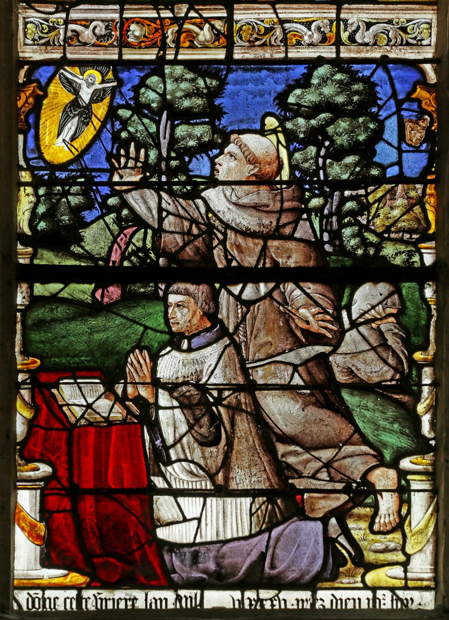Vindue, der viser donoren med Saint Francis, der modtager Saintigmata af French School