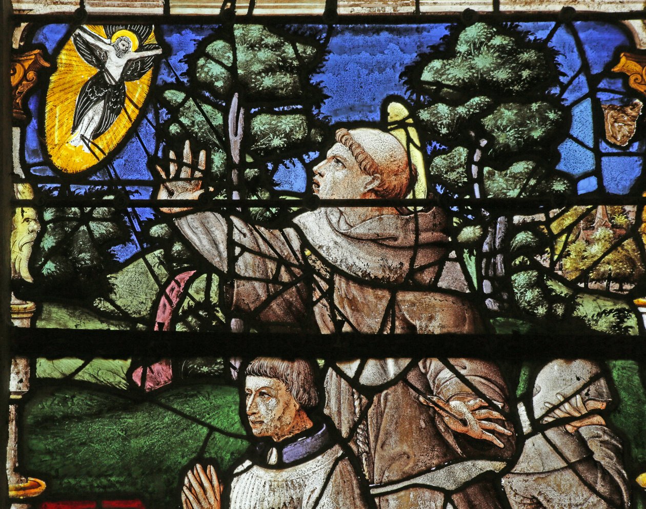 Vindue, der viser donoren med Saint Francis, der modtager Saintigmata af French School
