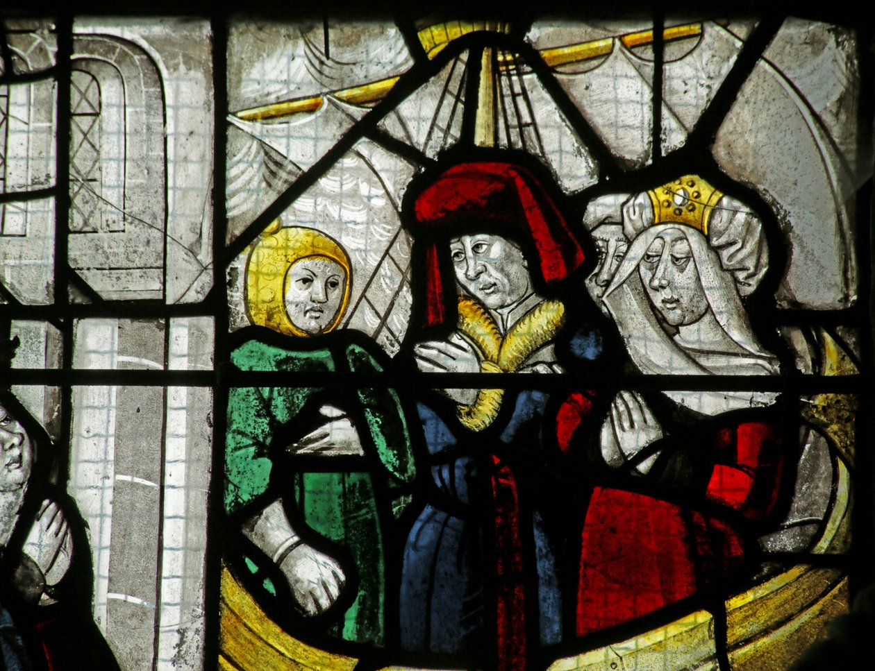 Vindue, der forestiller rejsende på et skib, fra et mirakel af St Nicholas, 1460-1470 af French School