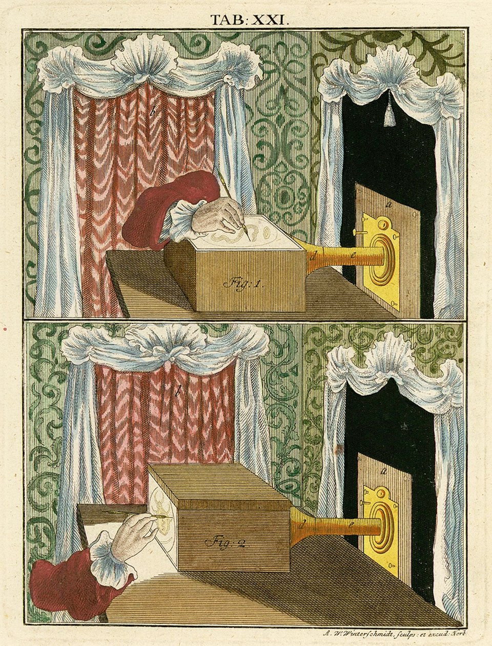 Tegning af et forstørret billede ved hjælp af et optisk mikroskop, 1768 af German School