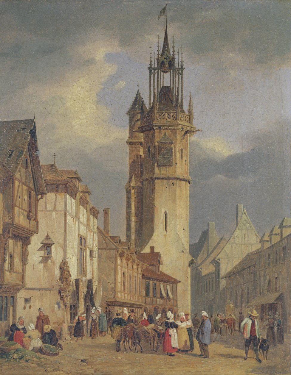 Fransk byscene med et klokketårn af German School