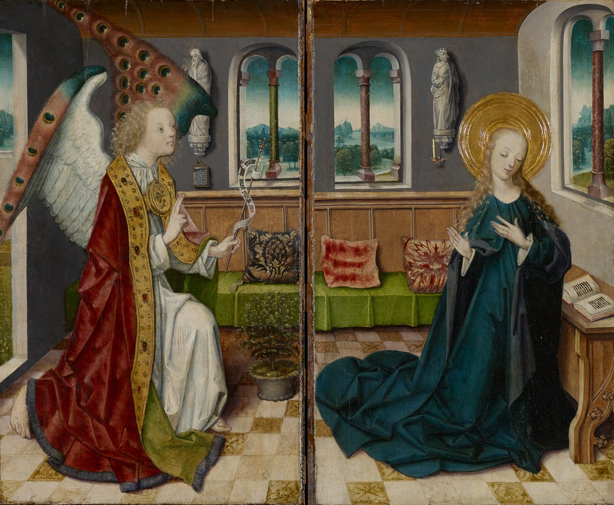 Bebudelsen, 1490 (blandet medier på træ) af German School