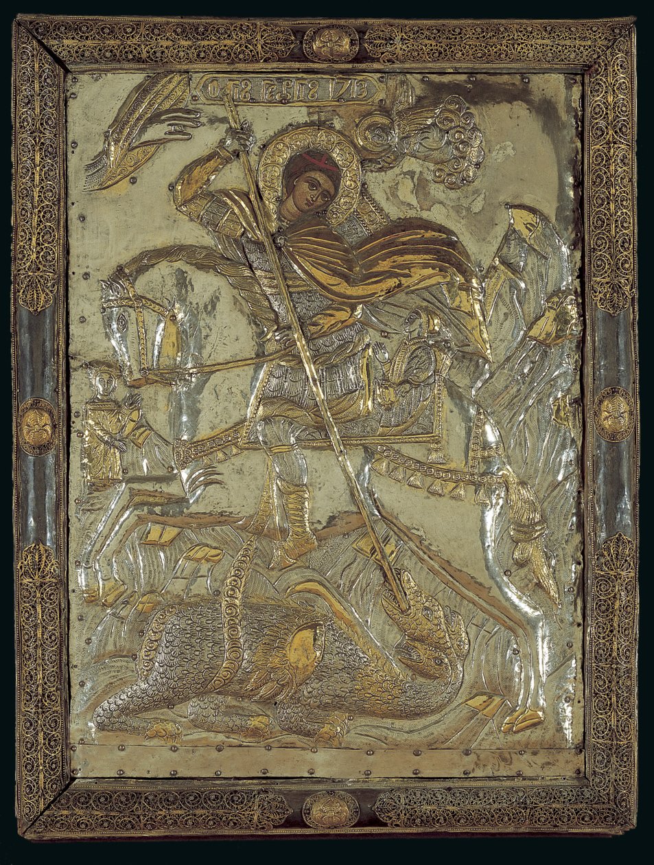 Ikon af St. George, der dræber en trehovedet drage, 1713 (forgyldt sølv på træ) af Greek School