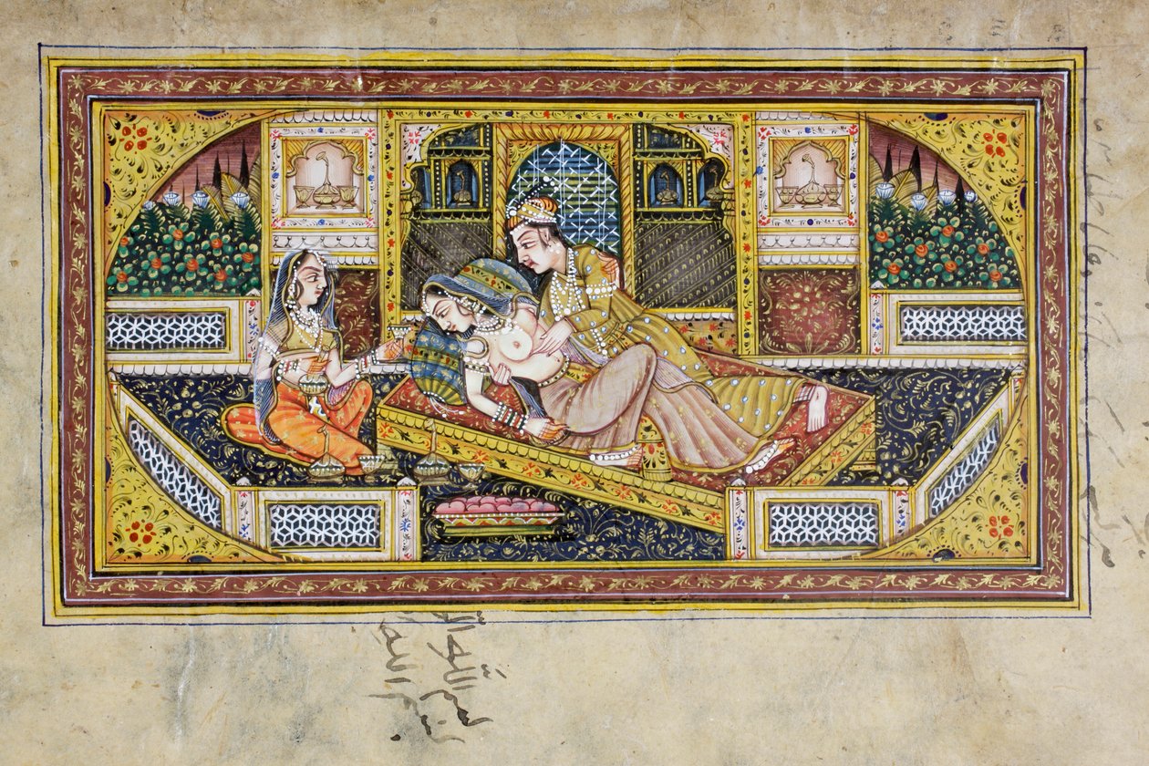 En mand bejler til en kvinde i en boudoir-scene, Rajasthani-miniaturemaleri (wc på papir) af Indian School
