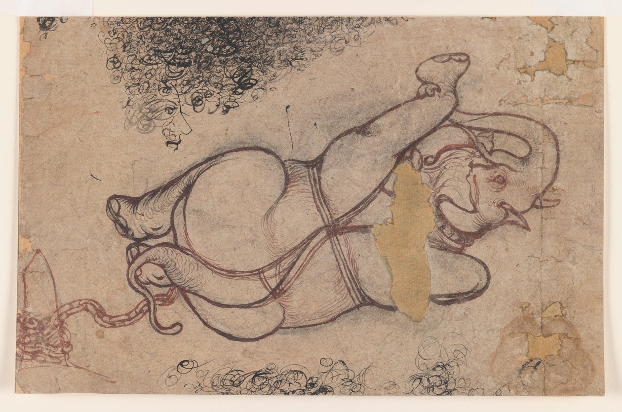 Elefant i kæder, ca. 1780 (rød og sort på papir) af Indian School
