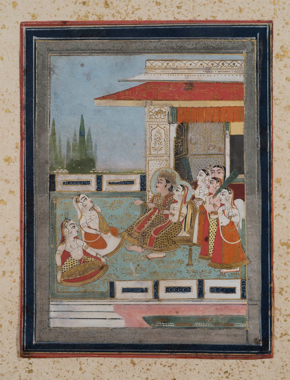 Prins og prinsesse lytter til musikere, ca.1840 (gouache på papir, guldudsmykning) af Indian School
