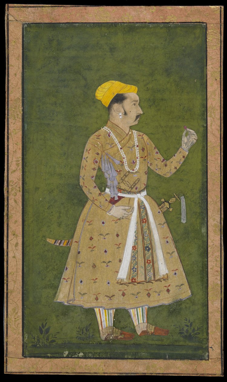 Prins med en blomst, løsrevet albumfolio med maleri, ca. 1740 (ugennemsigtig akvarel og guld på papir) af Indian School