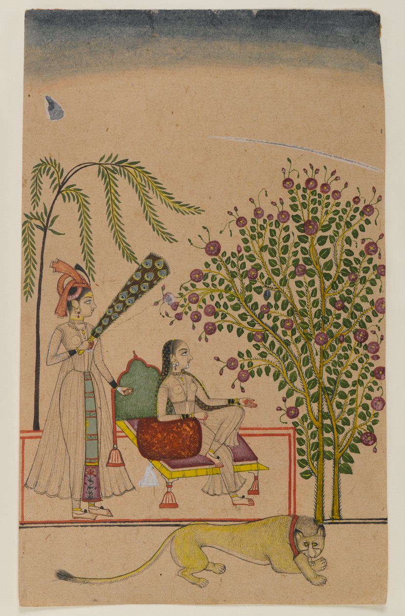 Siddende prinsesse med ledsager og løve, ca. 1750 (ugennemsigtigt wc på papir) af Indian School