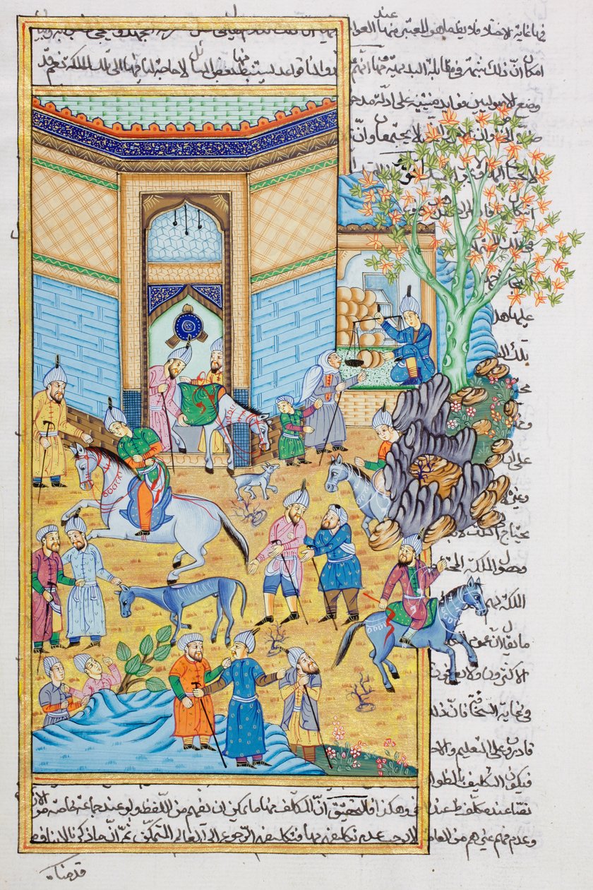 Staldscene, Rajasthani miniaturemaleri (wc på papir) af Indian School