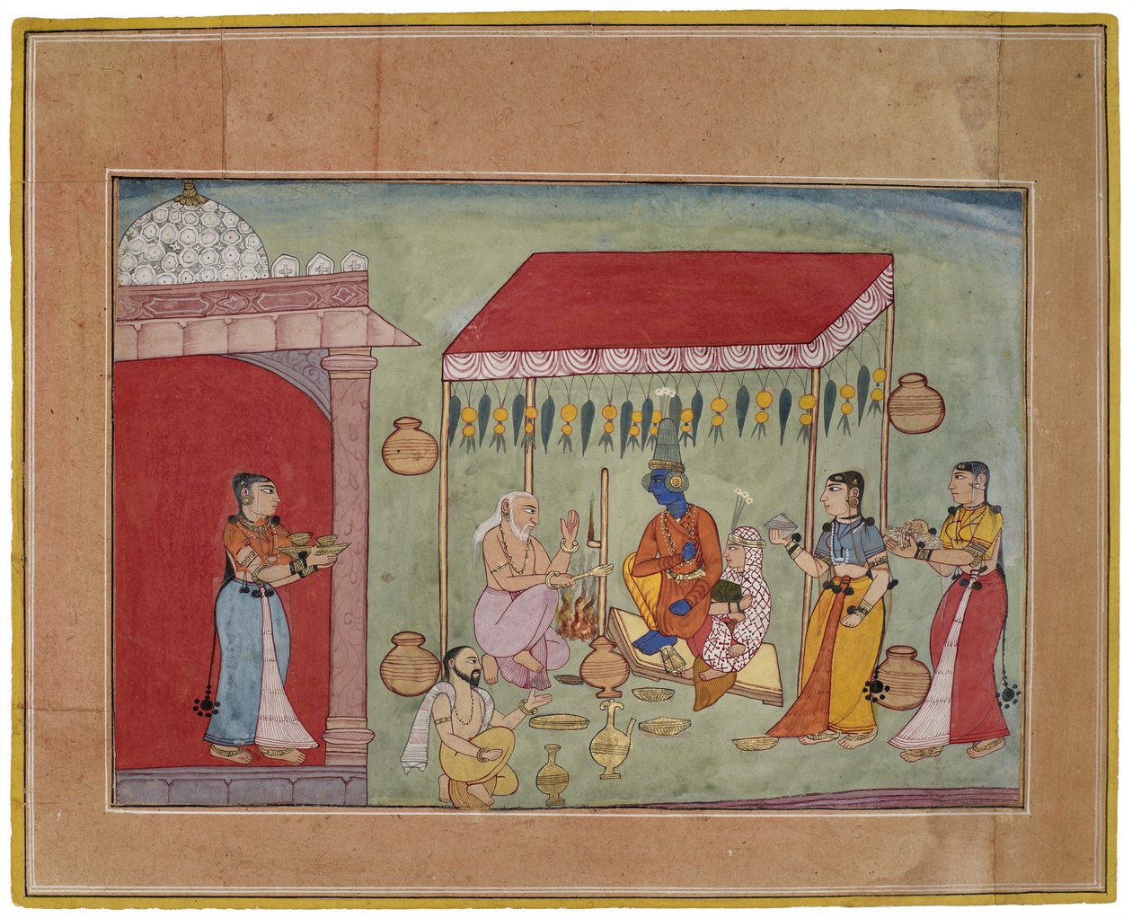 Krishnas og Rukminis ægteskab, 1590-1600 (gouache med guld på papir) af Indian School