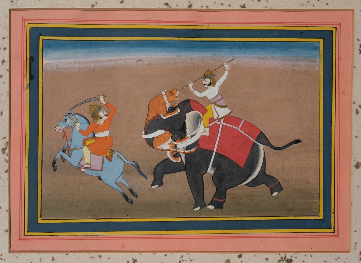 Tiger angriber en elefant (gouache på papir, guldudsmykning) af Indian School