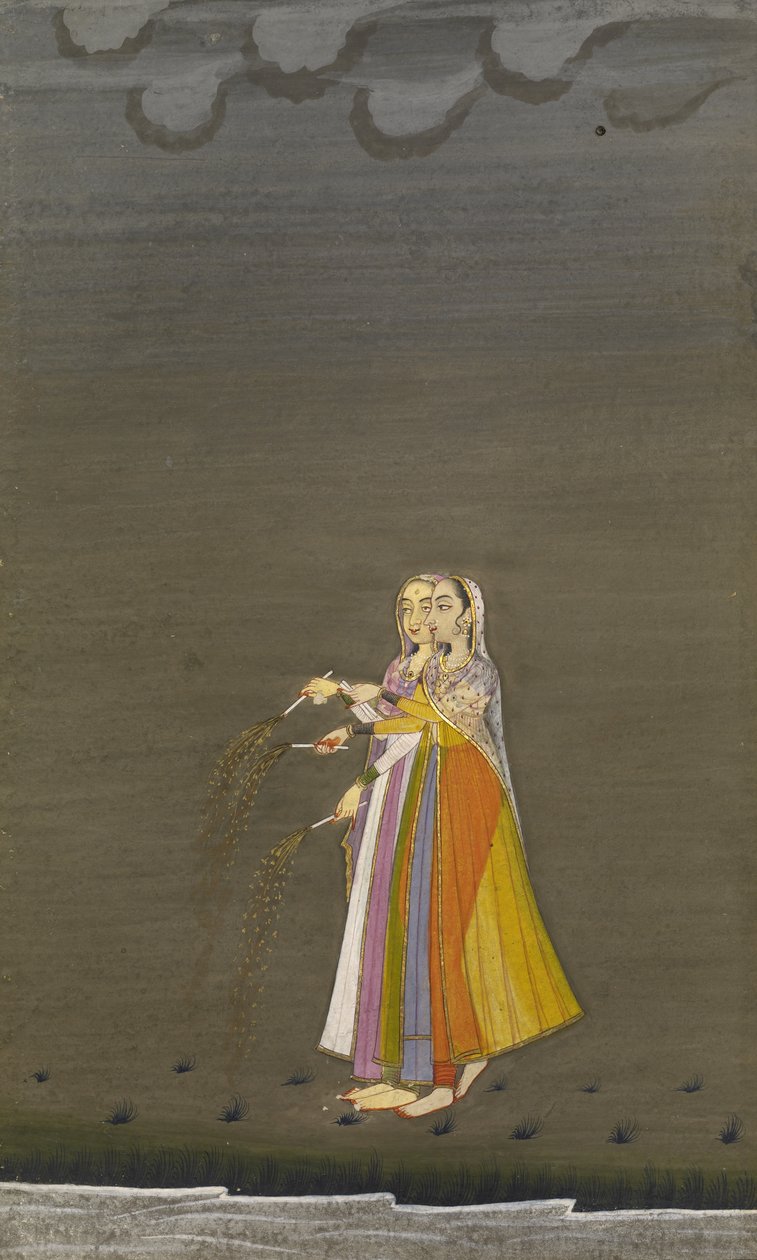 Two Nautch Girls with Sparklers by a Stream on the Night of the Diwali Festival, Bikaner style, 1790-1800 (albumblad; gouache med sølv og guld på papir) af Indian School