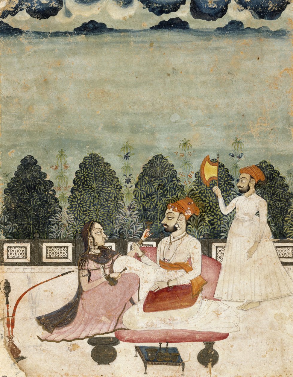 Uden titel (to mænd og kvinde på terrassen), 1700-tallet (tempera på lagt papir) af Indian School