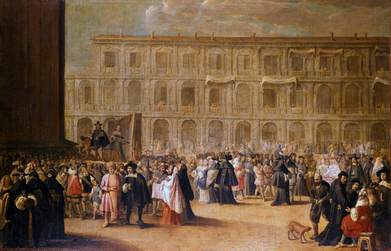 Skuespillere foran en repræsentation af Markuspladsen af Italian School