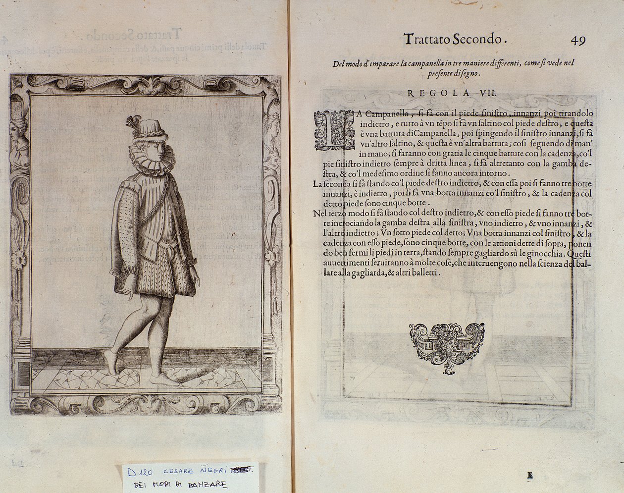 Sådan danser du campanella Dobbeltside af Le Gratie dAmore (Le Grazie dAmore) af den italienske danser Cesare Negri kaldet Il Trombone (1536-1604), traktat om dans af Italian School