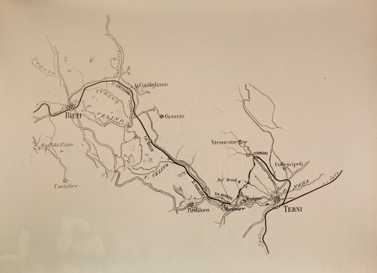 Societa Italiana for de sydlige jernbanespor: kort over Terni-Rieti jernbanelinjen, 1883 af Italian School