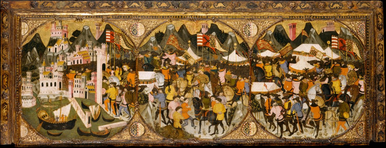 Erobringen af Napoli, 1381–82 (tempera på træ, præget og forgyldt ornament) af Italian School