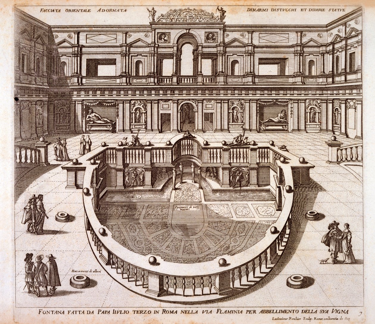 Springvandsgården med marmorbelægning og balustrader bygget til pave Julius III ved hans palads nær Via Flaminia, Rom af Italian School