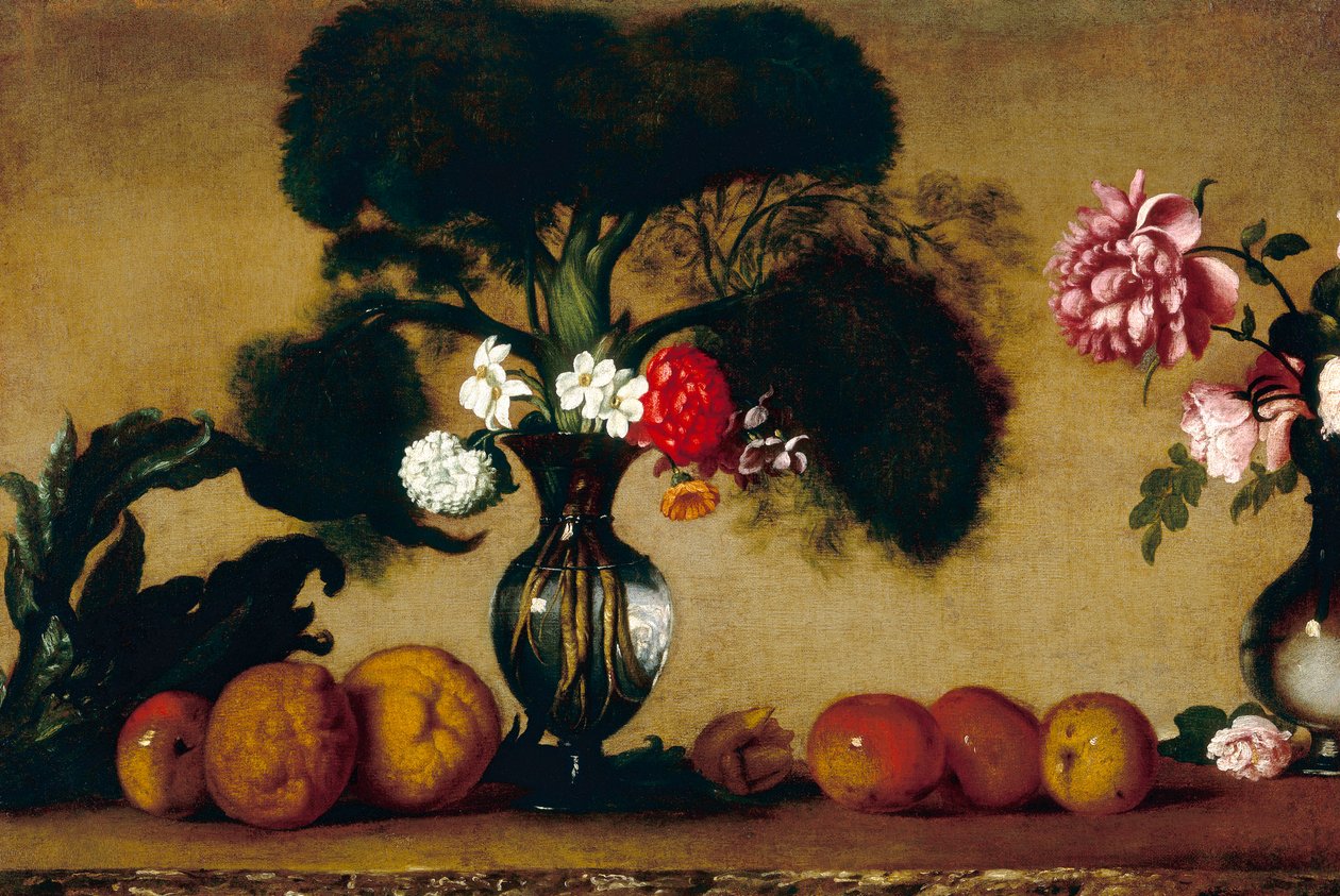 To vaser, med blomster, frugt og en artiskok af Italian School