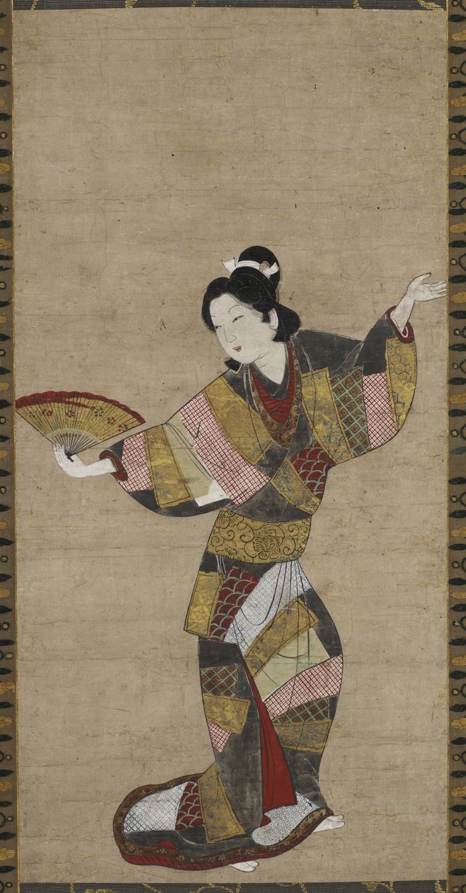Danserinde med vifte, ca. 1640-1650 (blæk, farve, guld og hvidt på papir) af Japanese School