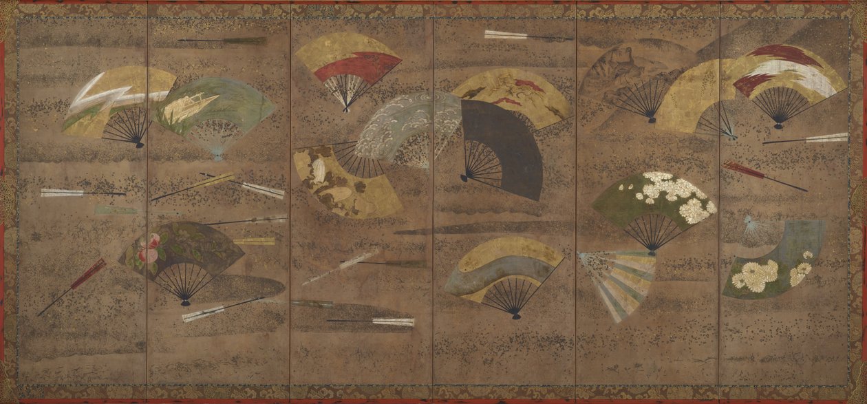 Dekorerede blæsere, skærme (seks paneler), tidligt i det 17. århundrede (farve, blæk og guld på papir) af Japanese School