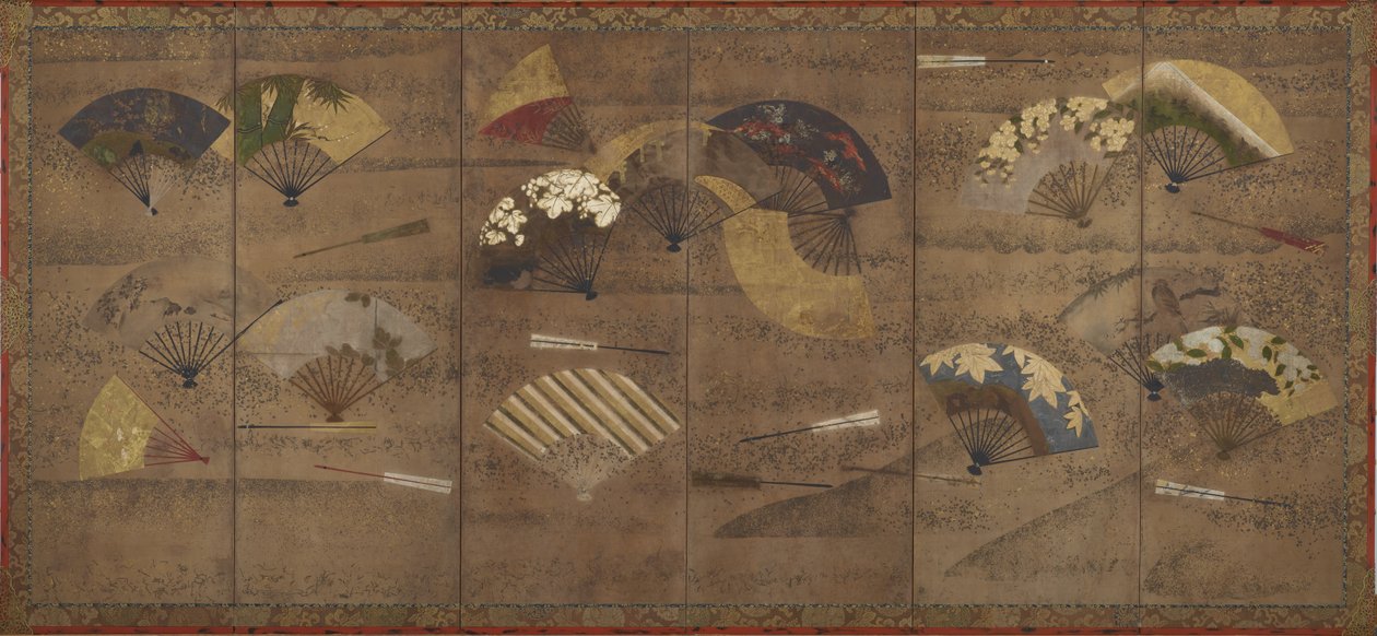 Dekorerede blæsere, skærme (seks paneler), tidligt i det 17. århundrede (farve, blæk og guld på papir) af Japanese School