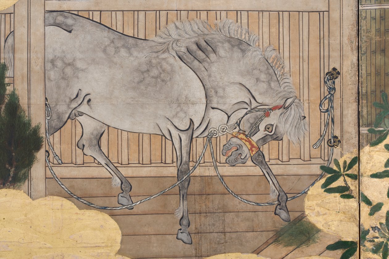 Detalje af Forår i paladset, seksfoldet skærm fra Genji-fortællingen, ca. 1650 (blæk, farver og guld på papir) af Japanese School