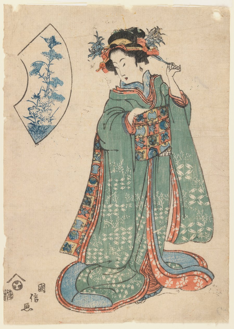 Kuninobu, A Woman Fastening Her Hair Ornament, ca. 1815-1820 (træbloktryk) af Japanese School