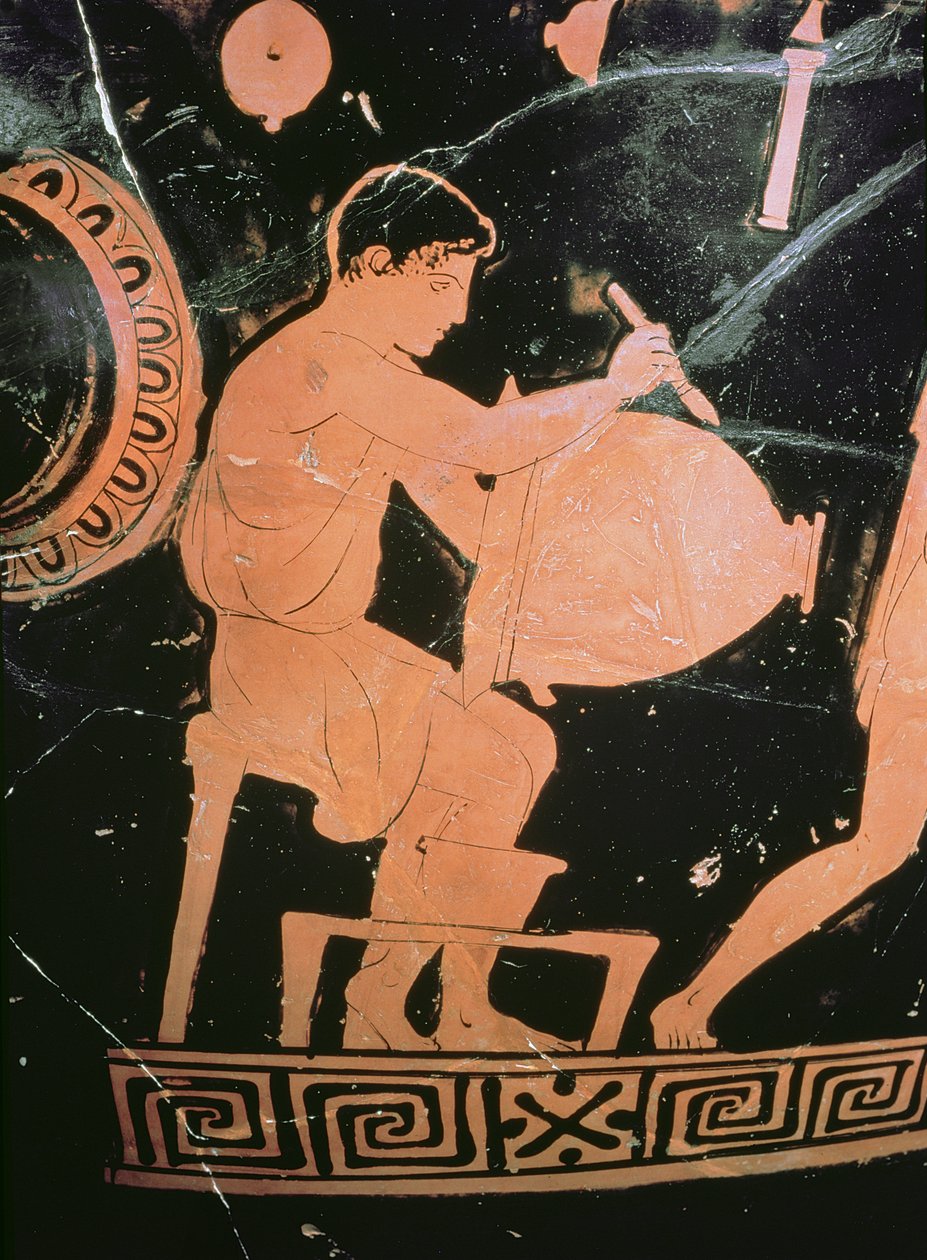 Attisk klokkekrater med røde figurer, detalje, der viser en keramiker, der maler et klokkekrater, ca. 430-425 f.Kr. (keramik) (detalje fra 100556) af Komaris Painter