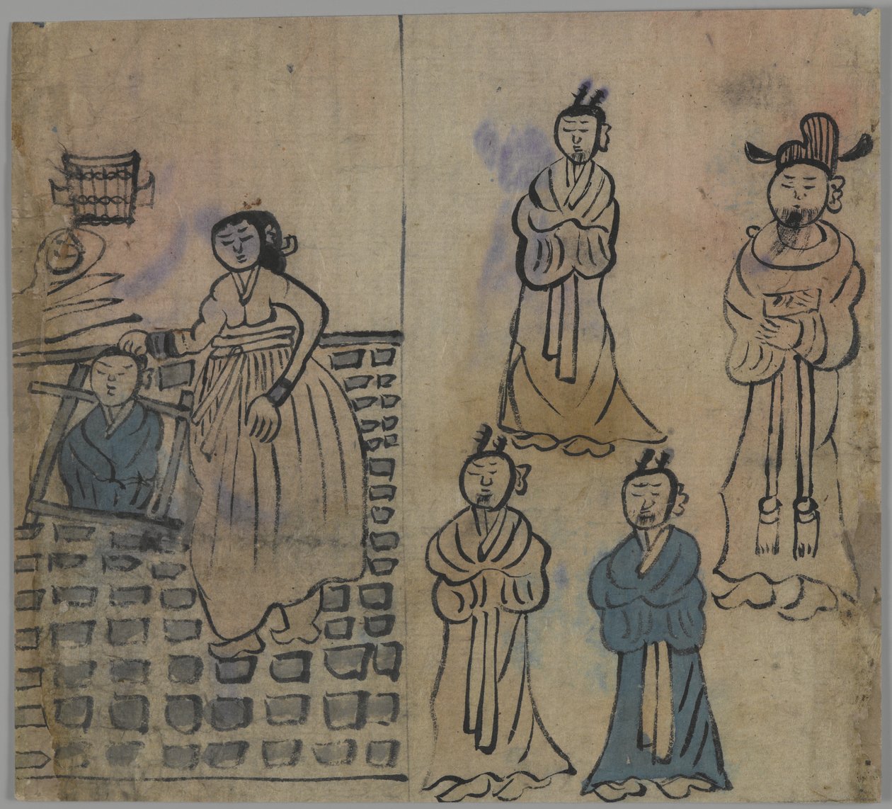 Genrescene, 1 ud af 4, 19. århundrede (blæk på papir) af Korean School